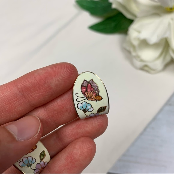 Vintage Asian Cloisonne Butterfly Flower Earrings - Picture 8 of 9